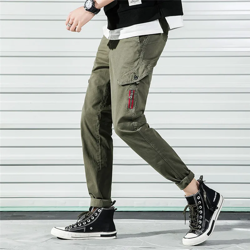 2019 New Men Casual Pants Cotton Men s Summer Casual Multi Pocket Zipper Cargo Pants Military 2
