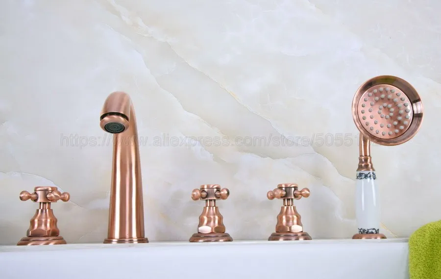 Bathroom Bathtub Faucet Antique Red Copper 5 Hole Bathroom Faucet Set Hot Cold Mixer Tap with Handheld Shower ztf240