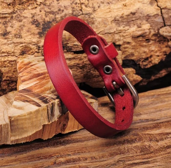 

G458 Red Simply Cool Single Wrap Genuine Leather Bracelet Buckle Cuff Men's