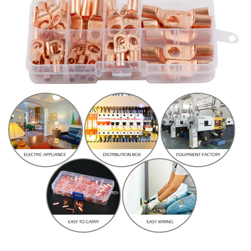 60pcs Battery Bare Copper Ring Lug Terminal Connector Kit SC6-25 Battery Naked Cabel Crimped Soldered Lug Terminals with Box