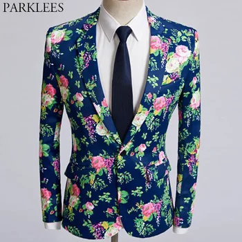 

Floral Flower Print One Button Blazer Jacket Men 2019 New Slim Fit Vacation Beach Blazer Male Wedding Party Blazer Masculino 3XL