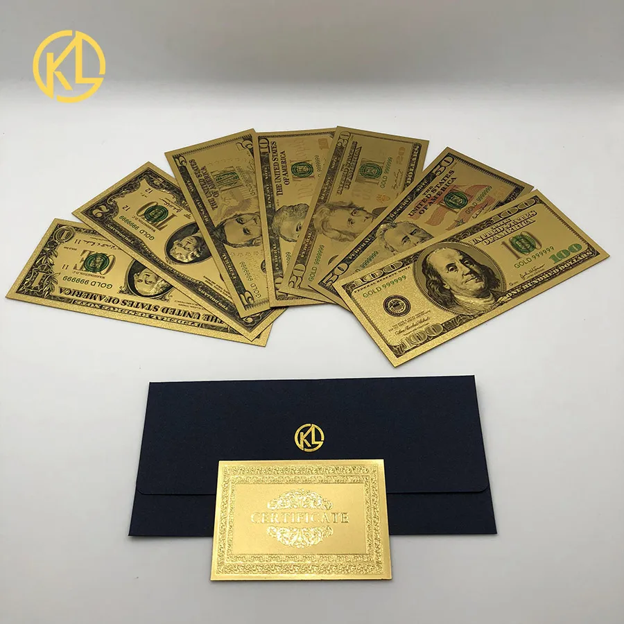 7PCS USD 1/2/5/10/20/50/100 Gold Dollar Bill Full Set Gold Banknote Colorful