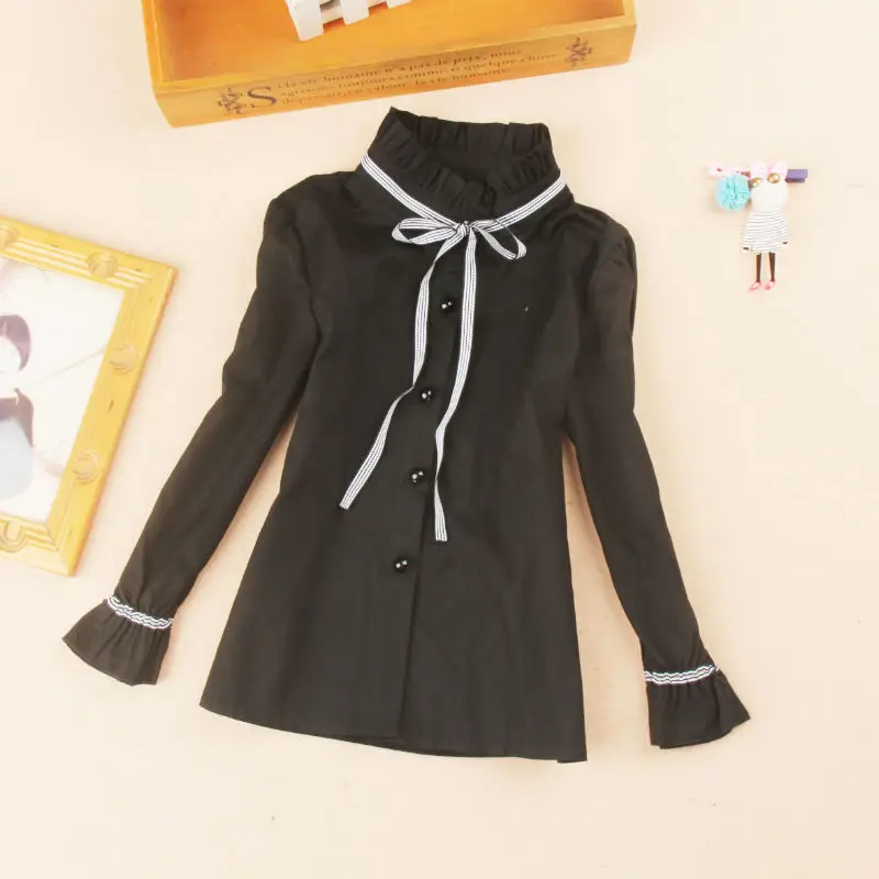 

Girls clothes School girl blouse White Girls blouse Roupas infantis menina Kids all-match tops Frills collar Solid Black shirts