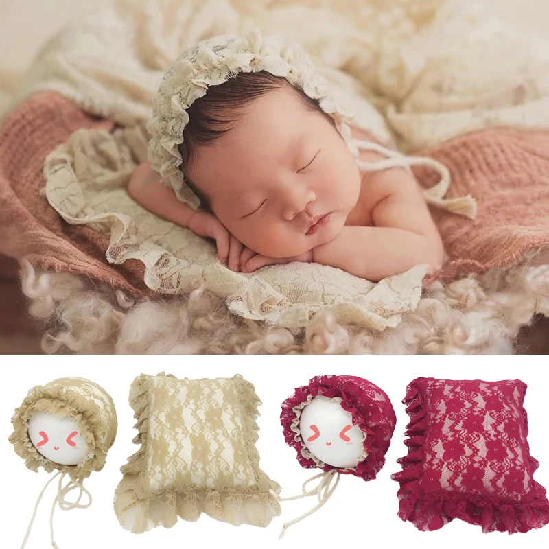 Foto do Bebê Adereços Acessórios Bebe Menina Rendas Chapéu Posando Travesseiro 2 Pçs Conjunto Recém-nascido Infantil Fotos Roupas Beanie