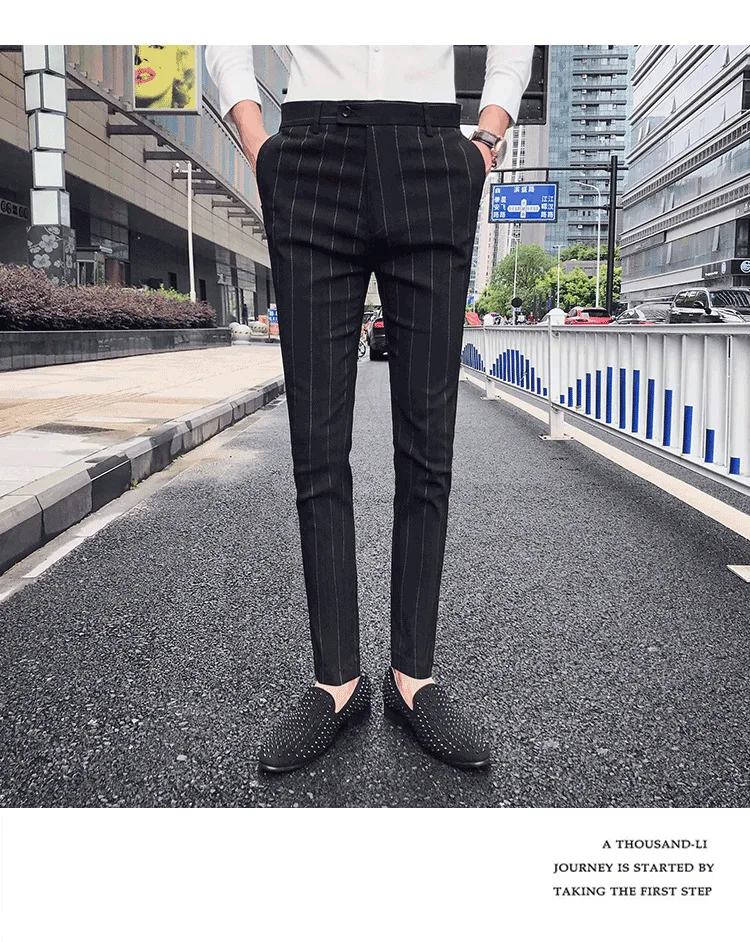 Костюмные брюки Slim Fit умные мужские брюки черные полосатые штаны Мужские Брюки Homme Повседневное брюки Повседневное деловая, общественная клуб