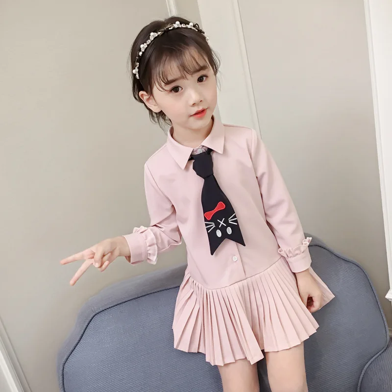 

Girls dress Spring Autumn dresses Temperament Pleated dress girl Bow Tie Long Sleeve Princess Shirts-Dresses Age for 2-8years