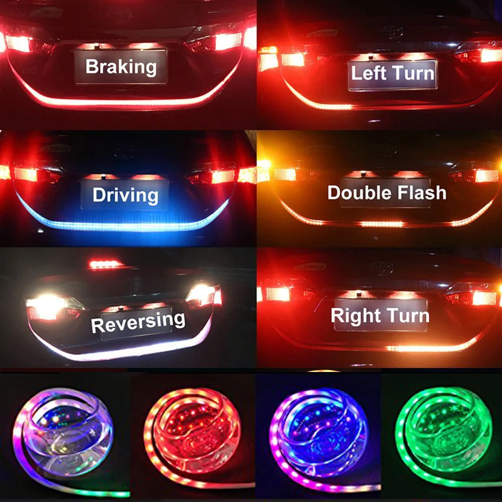 

120cm 48" DRL LED Strip Tailgate Lights-Turning Braking Signal Lighting Bar stop lamp Flowing Side Rear Light 4 Color Flow Type