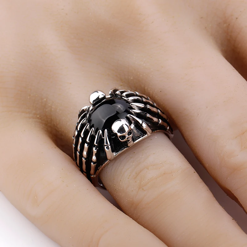 Настоящее 925 пробы Серебряное мужское кольцо с черным камнем, изображение черепа и паука, кольцо на палец в стиле панк для мужчин, модное ювелирное изделие