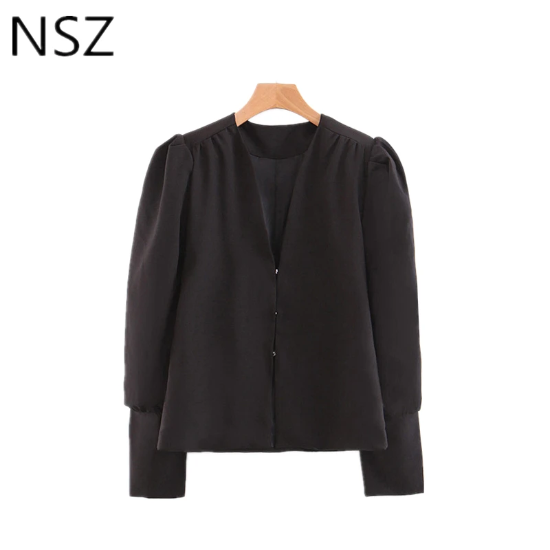 

NSZ Women Solid Black V neck Elegant Office Work Blouse Puff Sleeve Back Bow Tie Shirt Female Casual Top Blusas Camisa