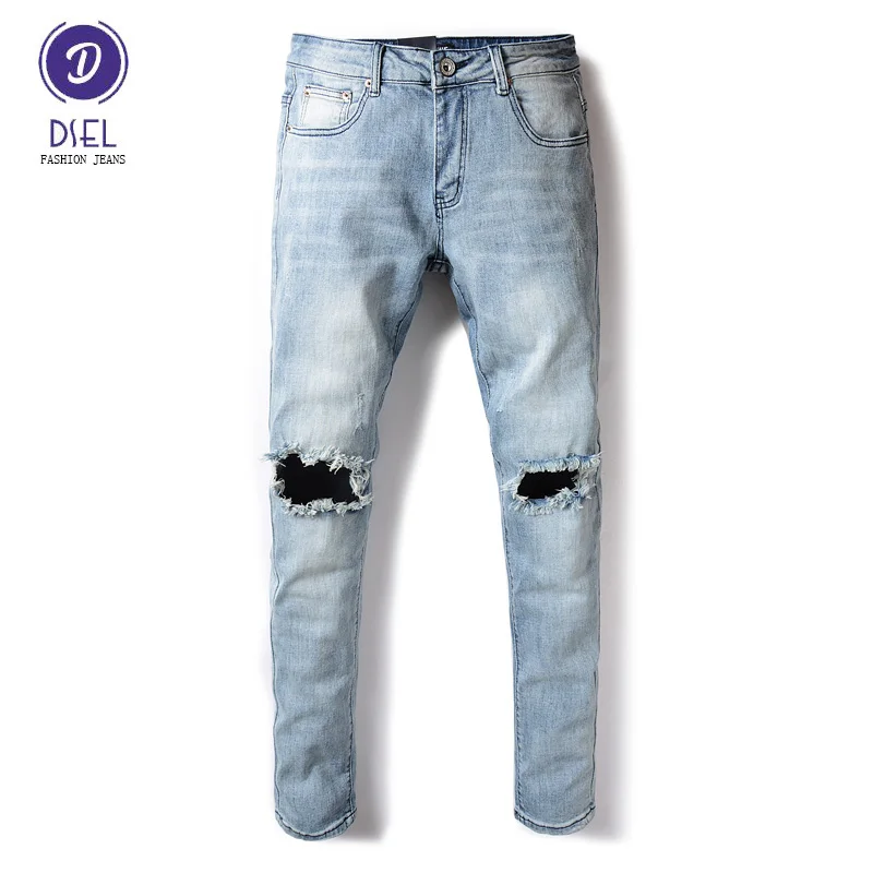 

European High Street Fashion Mens Jeans Light Blue Youth Style Knee Hole Ripped Jeans Men DSEL Brand Stretch Skinny Jeans Pants