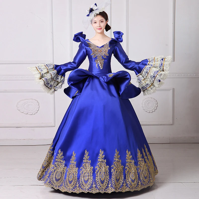 

Women European Court Costume Female Blue Zipper-fly Lace Boat Neck Ruffle Long Sleeves Patchwork Princess Ball Gown For Ladies