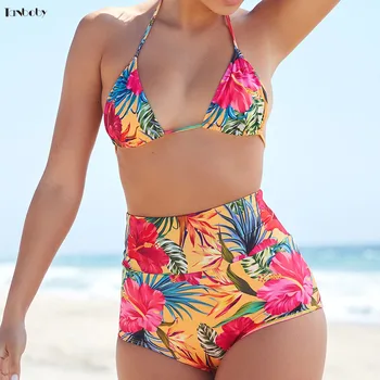 

High Waist Bikini Brazilian Girls Swimsuits Push Up Biquinis Set Halter Top Padded Sexy Printed Beach Swimming Suits 2 Pieces