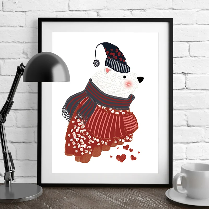 Little White Bear Canvas Painting Christmas Animal Love Heart Picture Kids Bedroom Decor Poster Modern Art