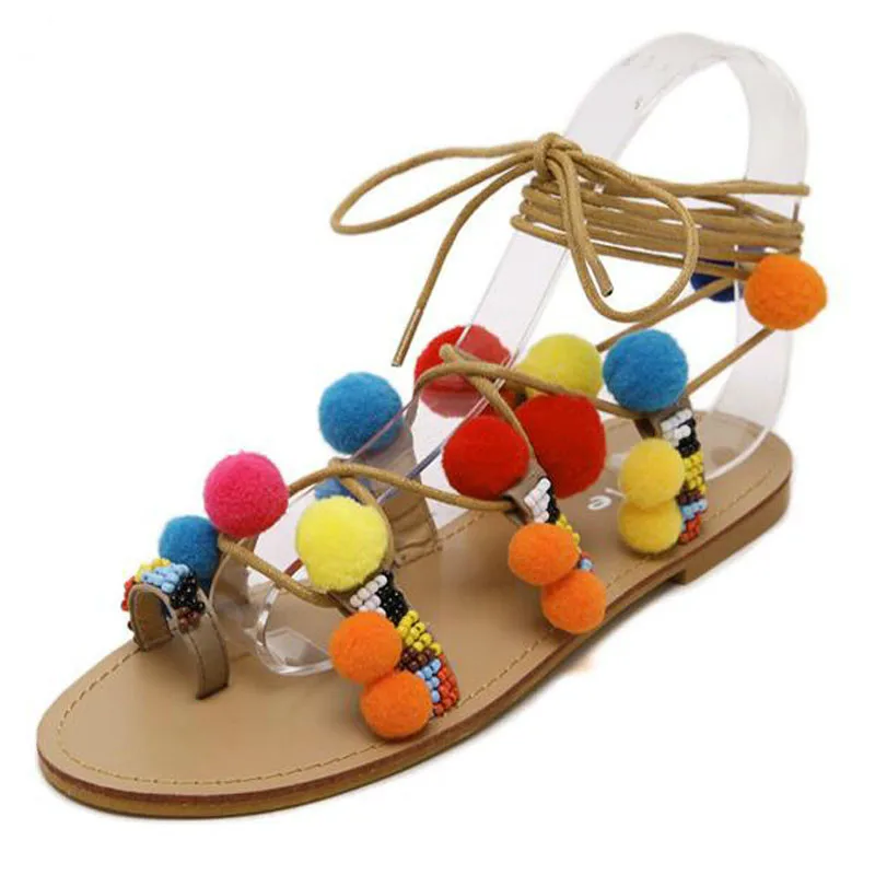 

New Bohemia Women Flat Lace Up Gladiator Pom Pom Sandals Ankle Wrap Beading Toe Cute Ball Native Summer Shoes Women Dropship