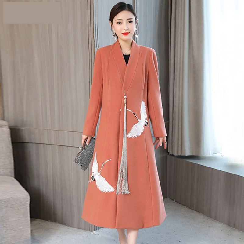 Элегантное женское кашемировое пальто высокого качества, длинное пальто с вышивкой, Женское пальто на осень и зиму, модная женская одежда в стиле ретро K4227