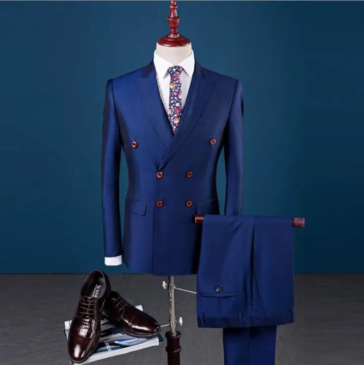 

New Men Double-breasted British Style Suit Korean Version Slim Wedding Ceremonial Dress Suit Pure Color Suit Set Business Suit