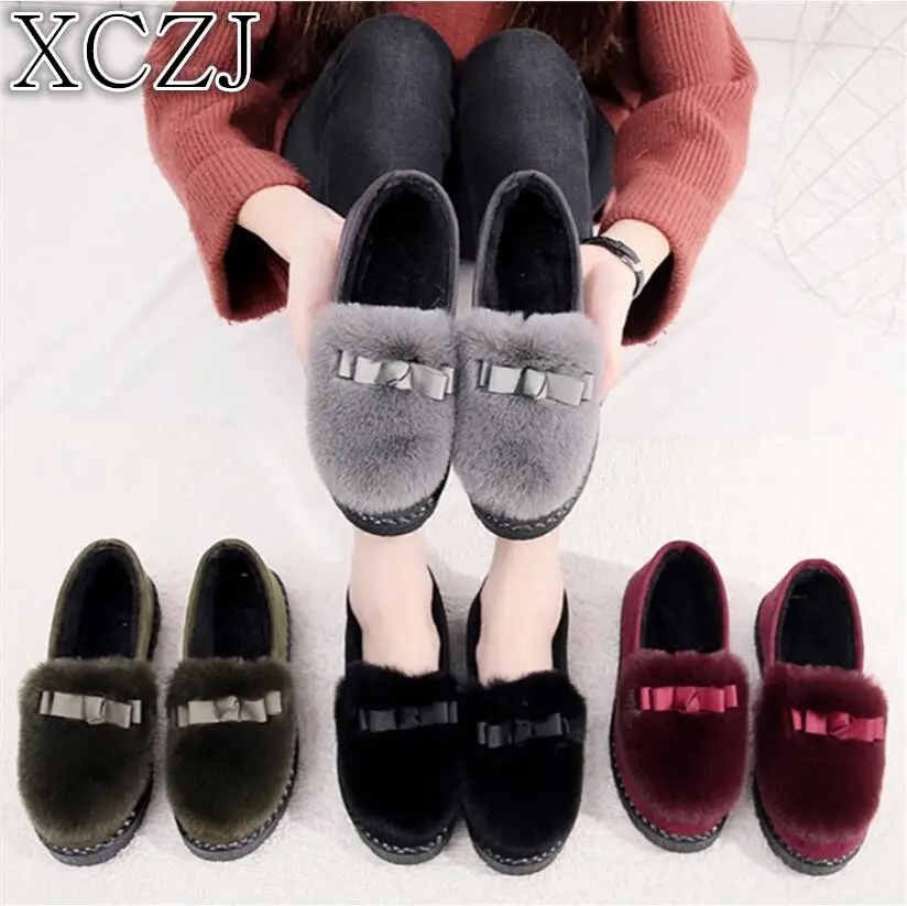 

XCZJ 2019 new autumn and winter peas shoes women plus velvet Korean version of the wild students flat warm cotton shoes women