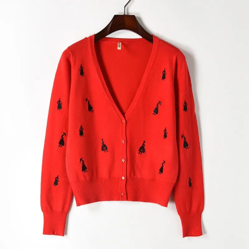 

Makuluya Soft Dancing Girl Embroidery V-neck Solid Vintage Cute Knitted Cardigan Sweater Spring Autumn Summer Women Slim Coat QW