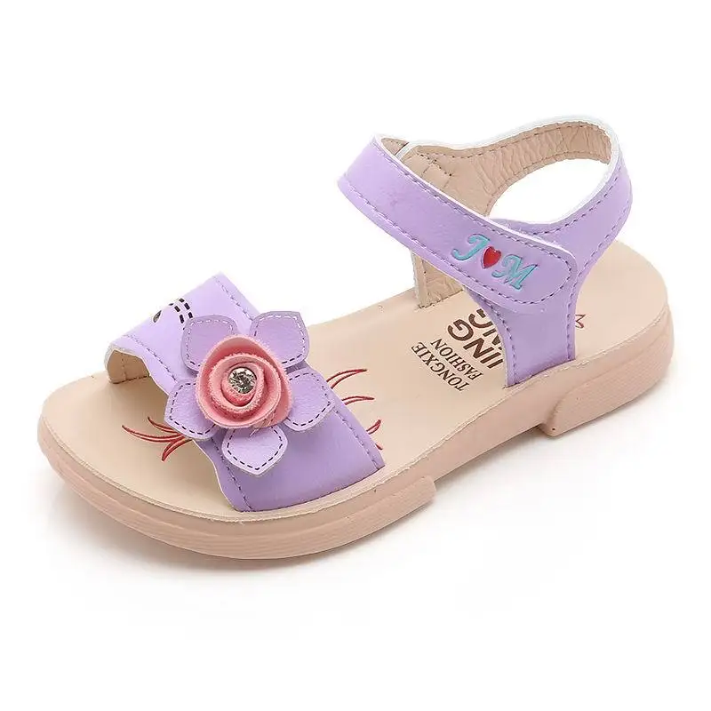 

2019 Summer Girl Sandal Sweet Flower Beading Fashion Letter Printing Pattern Princess Shoe Flat Bottom No-slip Girl Sandal 12 13