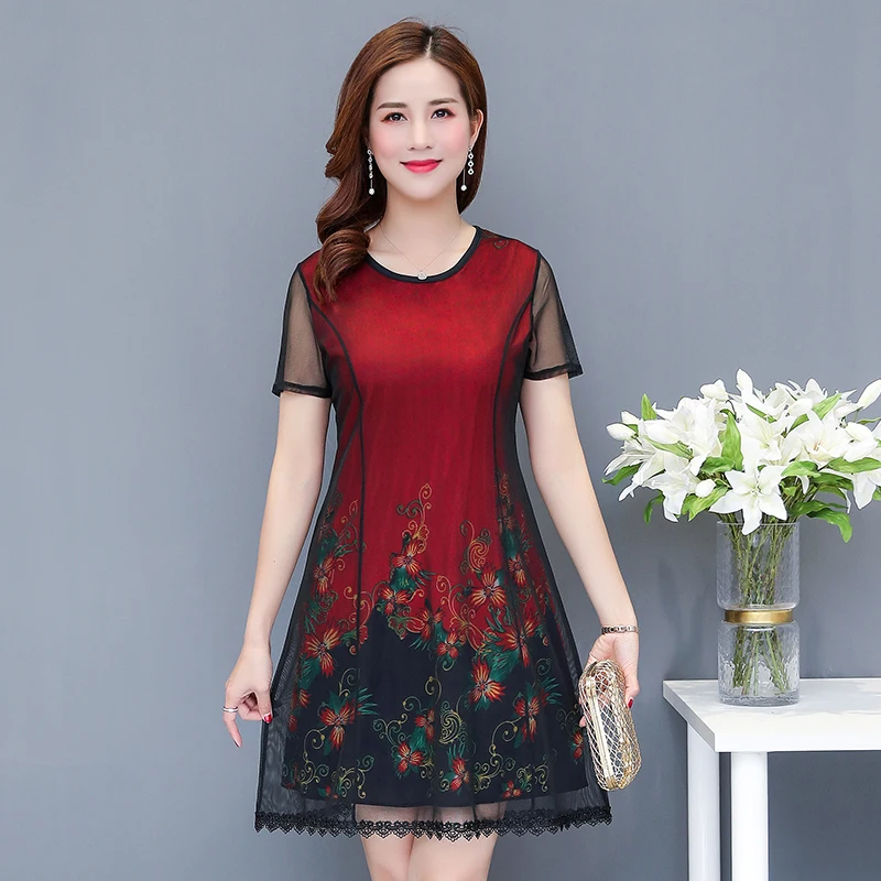 

Summer Women's Mesh print Floral dress Short Sleeve Vintage Elegant Plus size 5XL Holiday Midi Dress