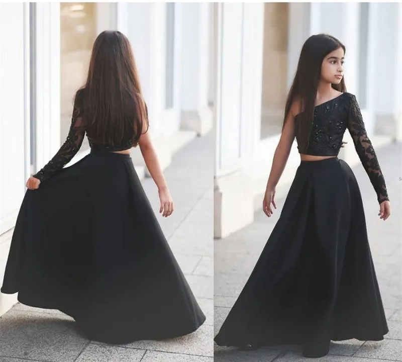 Fashion-Pageant-Dresses-for-Teens-Cute-Beaded-Lace-Applique-Sheer-Long-Sleeve-Black-Two-Pieces-Girls