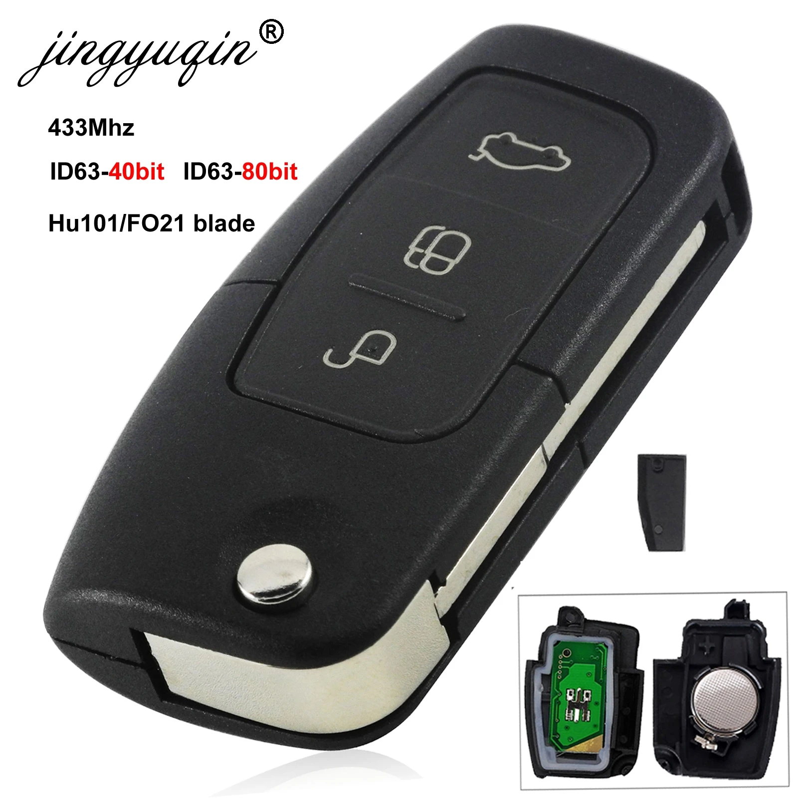 

jingyuqin 433 MHz ID63 40Bit 80bit 3 Button Keyless Entry Remote Key Fob For Ford Focus Mondeo C Max S Max Galaxy Fiesta HU101