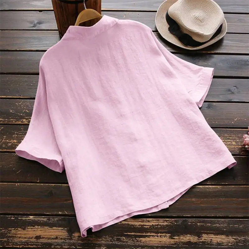 Размера плюс, летняя Женская Повседневная однотонная Свободная блуза с коротким рукавом, блузки, топы, элегантные офисные свободные рубашки на пуговицах для женщин