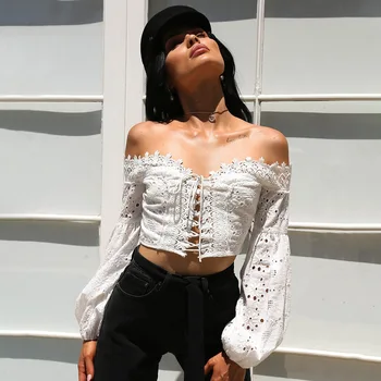 

Fashion street photos lace bow tie with hollow lantern sleeves T-shirt female sexy girl style club wear hollow woman shirt sexy