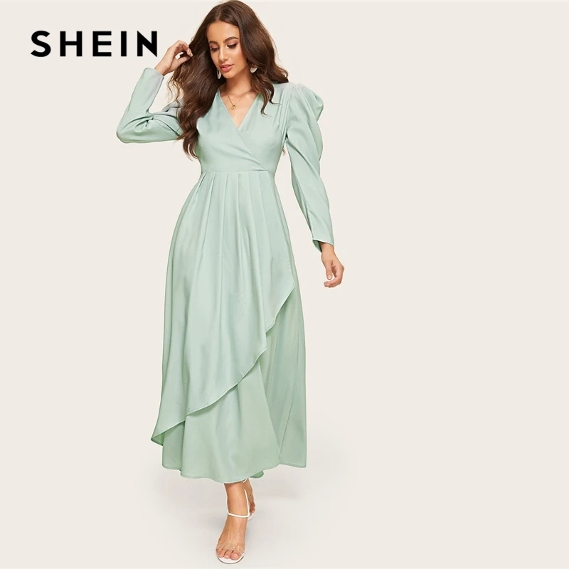 

SHEIN Green Surplice Neck Gathered Sleeve Asymmetrical Hijab Plain Dress Women V Neck Puff Sleeve High Waist Long A Line Dress