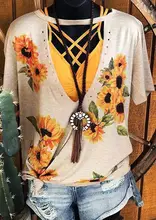 Women Sunflower Cut Out Aesthetic tshirt Apricot Ladies Vintage Hollow Out edgyr Graphic Tee Top Plus Size Tumblr camiseta mujer