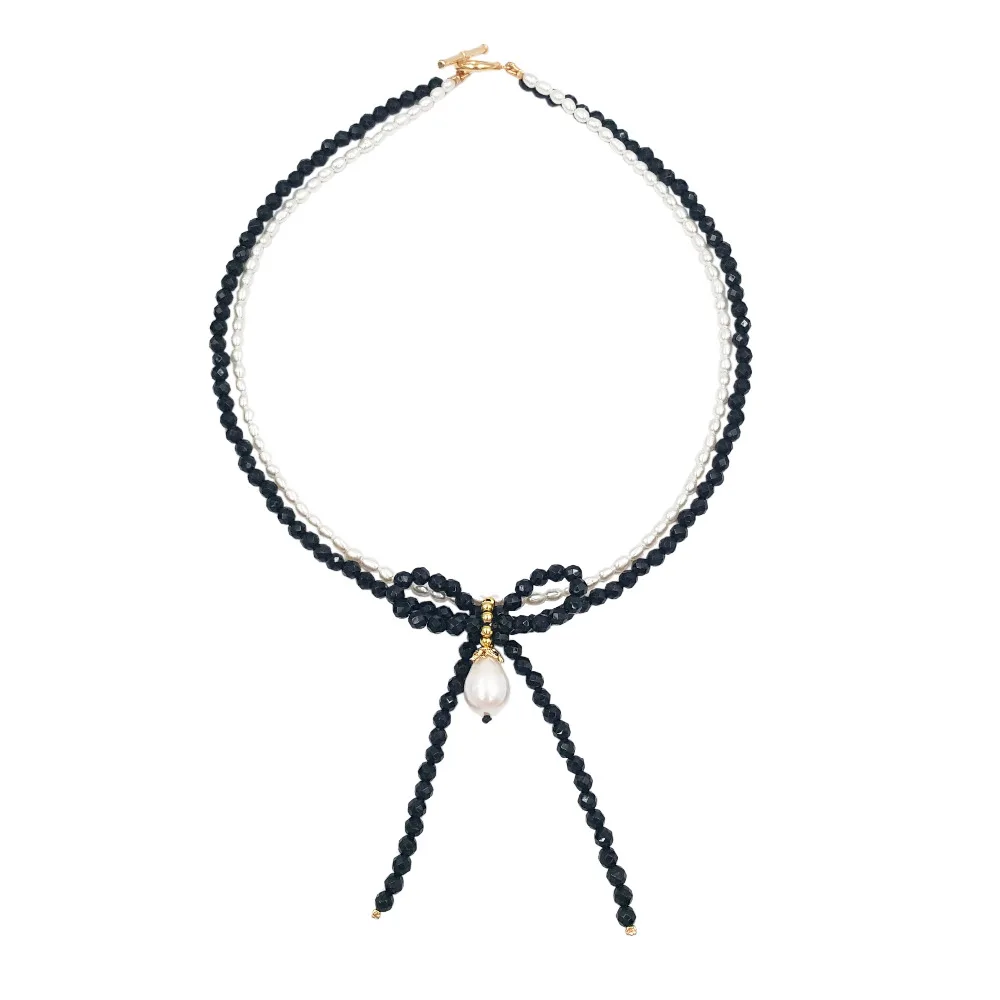 Lii Ji Black Agate ,Freshwater Pearl High Luster Beads Bowknot Choker 925 Sterling Silver Clasp Necklace