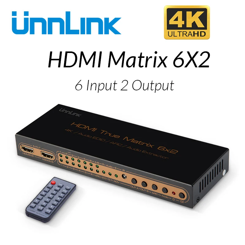 Unnlink HDMI Matrix 6x2 UHD 4K@ 30 коммутатор сплиттер 6 в 2 выход аудио экстрактор HIFI 5.1CH Toslink+ 3,5 мм Jack ARC для ТВ стикер