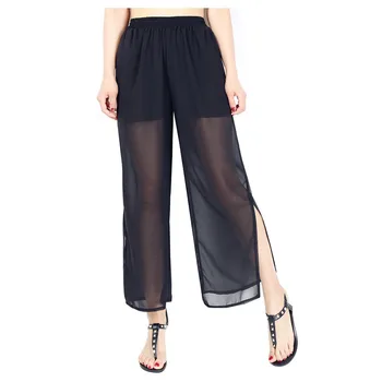 

Wide Leg Pants Split High Waist Chiffon Sexy Pants Black Loose Trousers Elastic Waist Female Peacock Flower Print Women Trousers