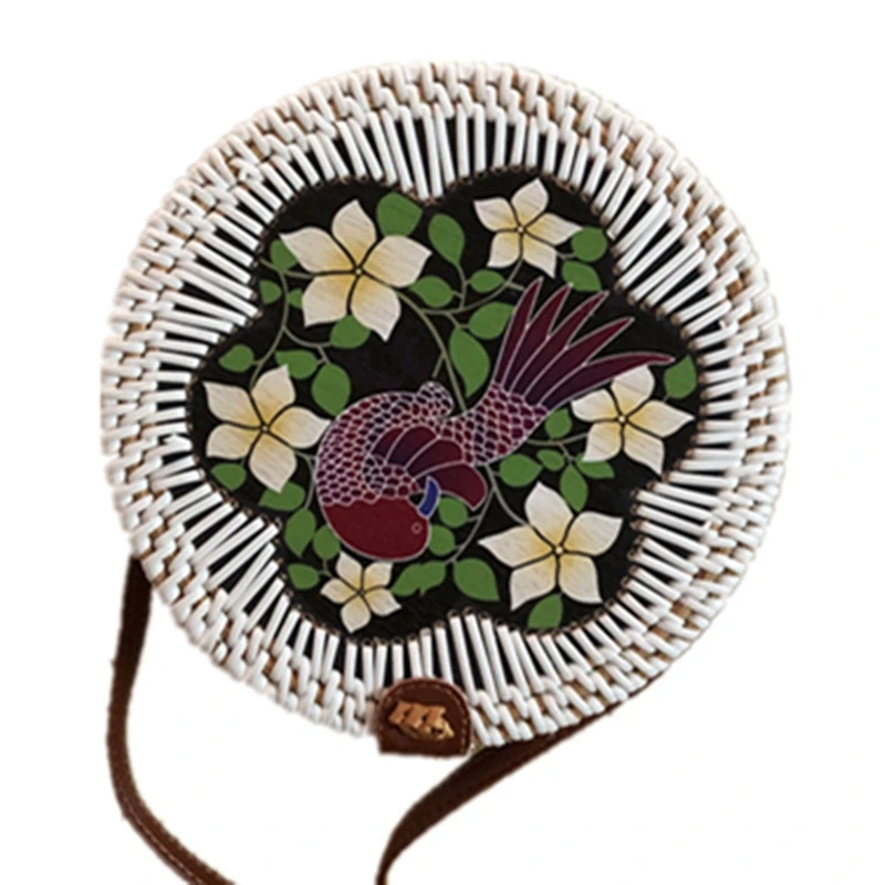 

Vintage Handmade Woven bag Rattan Woven Shoulder Bags PU Straps Bow Hasp Holiday Beach Crossbody Bag Summer Rattan Bag