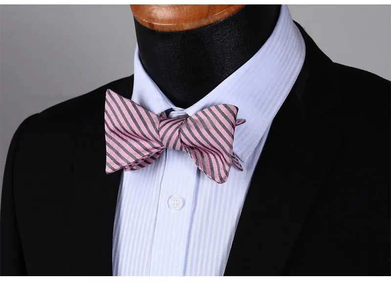 Bs602ks Розово-серый полосой Боути Для мужчин Шелка Самостоятельная галстук-бабочку платок Набор Свадебная вечеринка платок классический