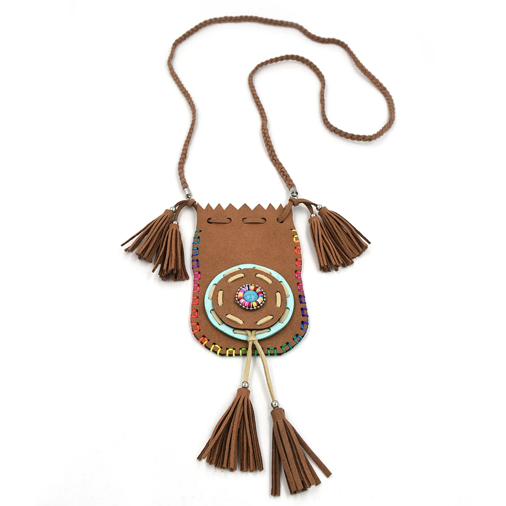 New Handmade leather tassel charm Gypsy Ethnic small leather bag pendents necklace for women