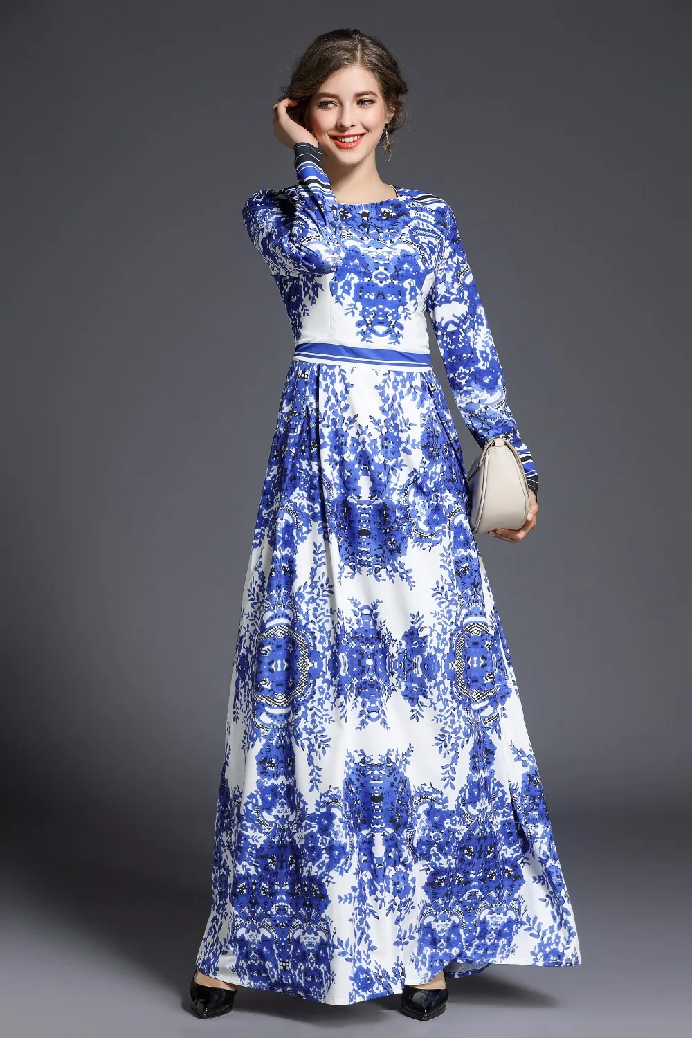 Женское синее и белое фарфоровое длинное платье с принтом, весна, модное элегантное платье с длинным рукавом, длина до пола, подиумное Макси платье