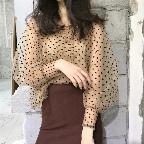 

Polka Dot Women's Blouse Transparent Tulle Women's Shirt Lantern Sleeve Top Female Bouffant Camisa Feminina Camisas Mujer Boho