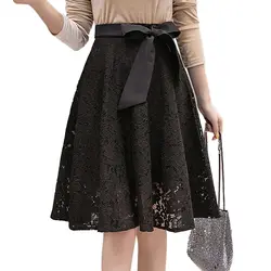 2019 Мода черный абрикос кружевные юбки женские Высокая Талия элегантная юбка с бантом Harajuku плюс размер A-Line Midi юбка saia faldas