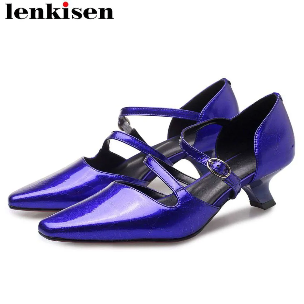 

Lenkisen British style office lady retro square toe buckle strap med heels hollow women pumps concise style dress suit shoe L2f1