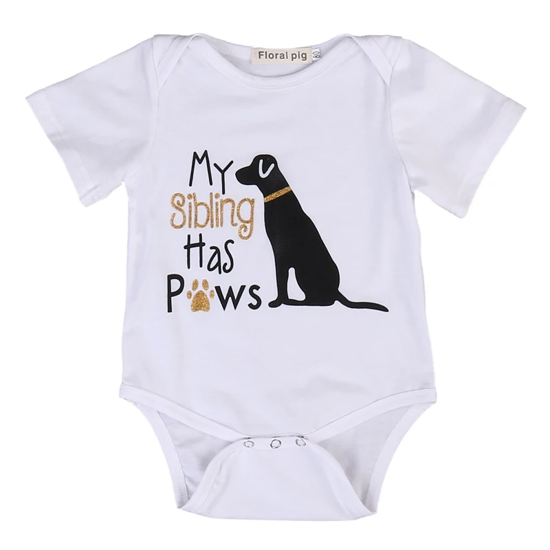 

DERMSPE New Casual Newborn Baby Boy Girl Short Sleeve Letter Print My Sibling Has Paws Cute Dog Cotton Romper Baby Clothes White