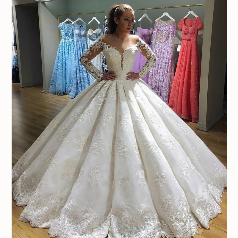 

Glamorous Long Sleeve Wedding Ball Gowns Elegant Lace Appliques Bridal Gown Custom Made Classical O-Neck Maxi Long Dresses