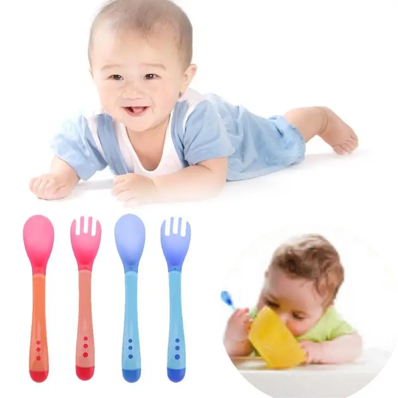 Baby Feeding Safety Soft Spoon Fork Set Temperature Sensing Flatware Spoon