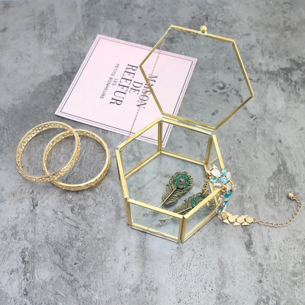 

Glass gift box brass Housekeeping the Nordic wind Geometric Transparent Glass Flower Room Jewelry Storage Box L0704