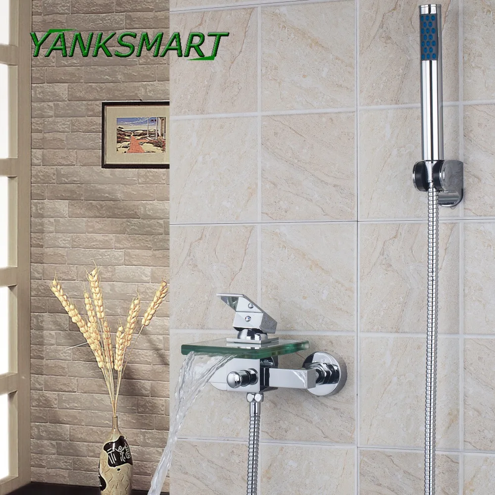 YANKSMART Bath Shower Faucets Square Wall Mounted Waterfall Glass Spout Bathroom Handheld Shower