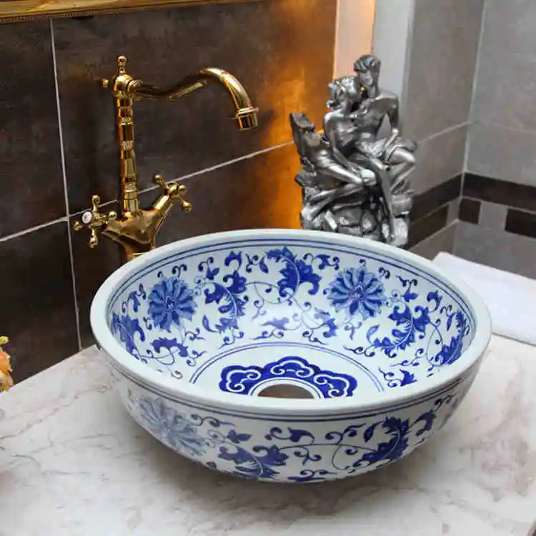 Blue and white China Painting wash basin Bathroom vessel sinks counter