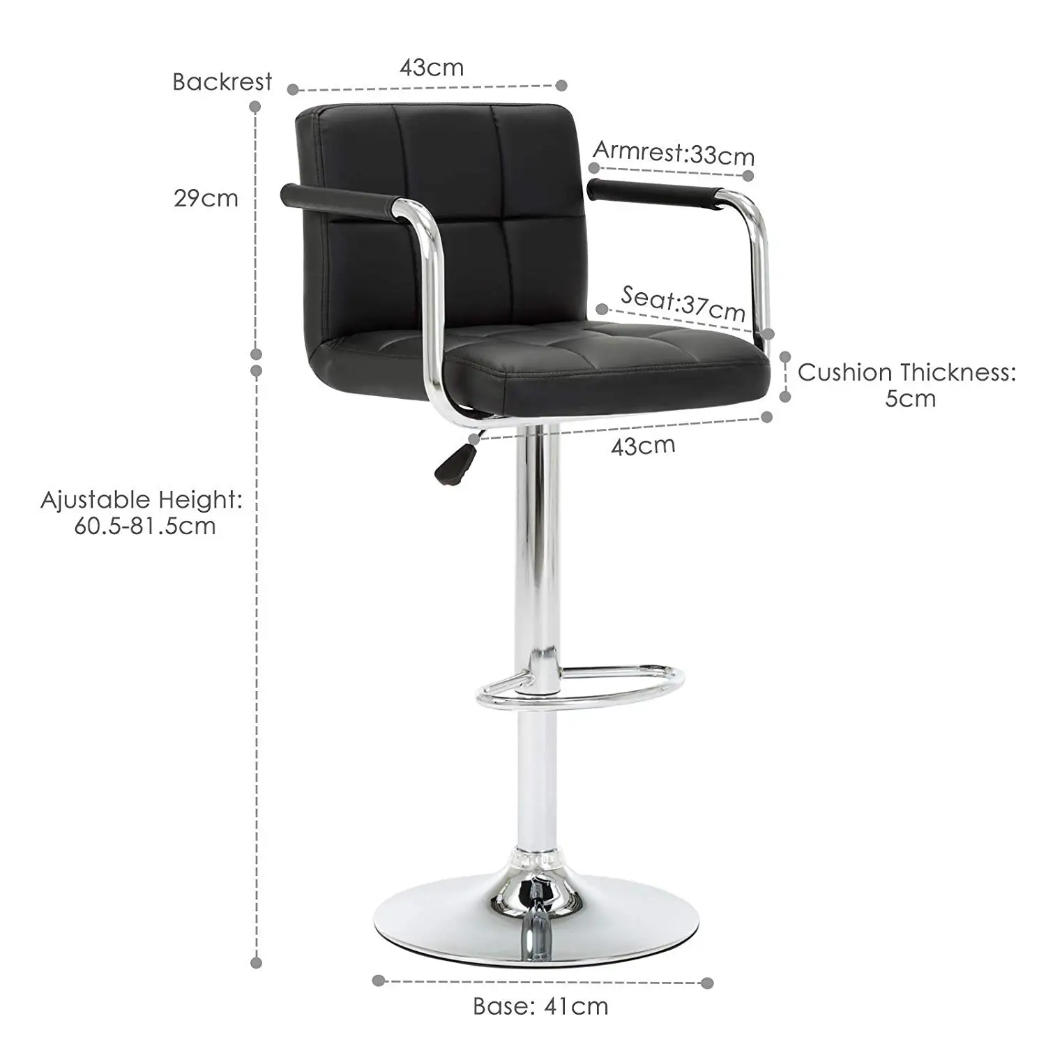 Black Breakfast Bar Stools Set of 2 with Arm,Height Adjustable Bar Chairs Synthetic Leather Swivel Gas Lift Kitchen Stools with Square Backrest and Footrest Base Counter Stools for Home Office