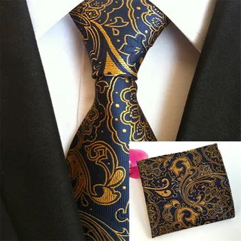 

SCST Brand Cravate 2017 New Gravata Gold Paisley Blue Neckltie Mens Silk Ties For Men Tie With Match Pocket Square 2pcs Set A045