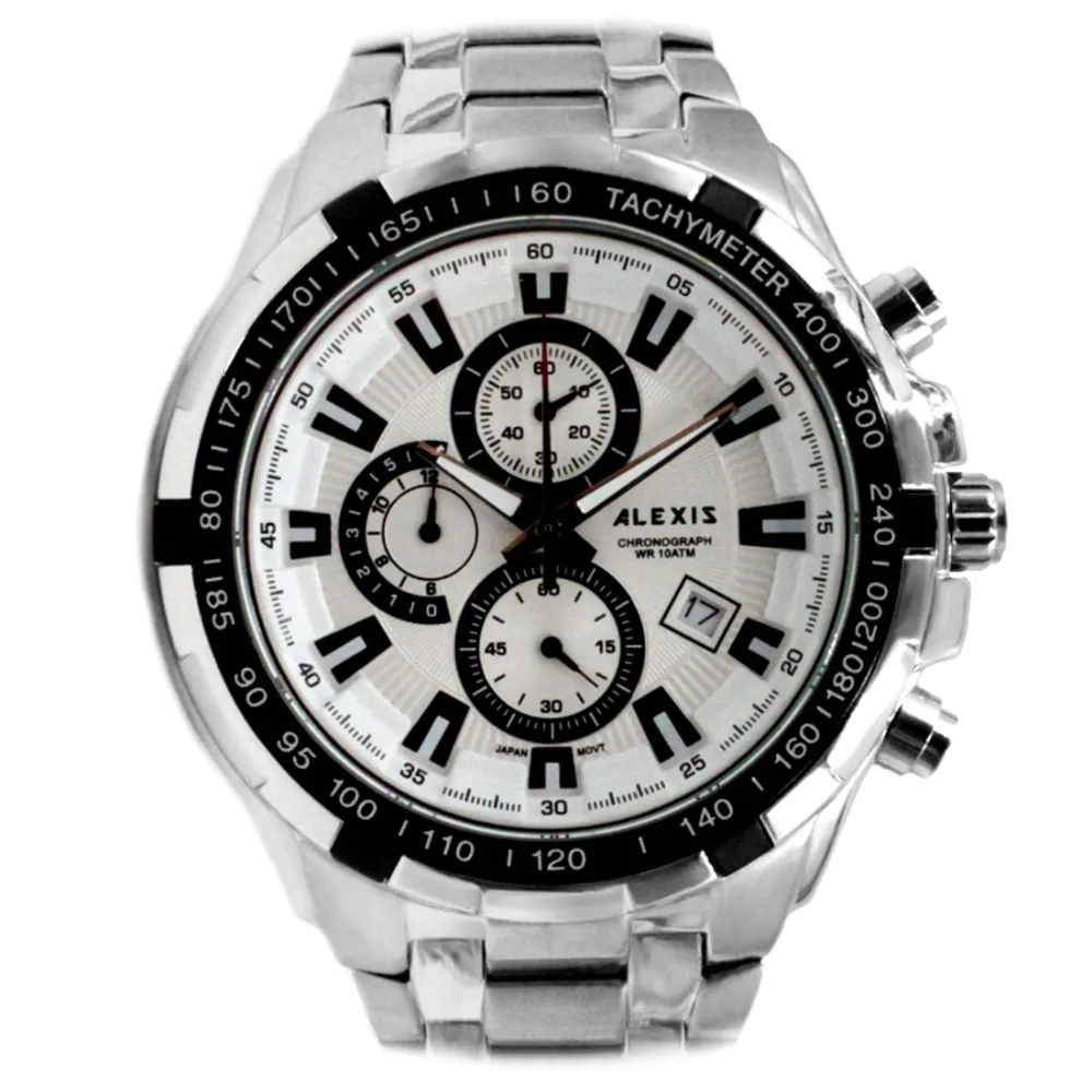 Alexis мужчин аналоговые кварцевые Круглый наручные часы MIYOTA 0S10 хронограф Блестящий Серебряный Стальной браслет белый циферблат