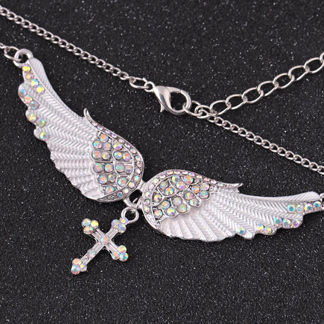 Chic Chain Necklaces Sexy Ladies Crystal Angel Wings Cross Necklaces & Pendants Fashion Jewelry For Women Shellhard